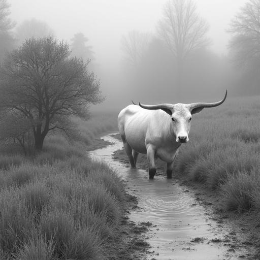 Image of a black and white thermal surveillance view of a cow lying in a meadow. Elevated angle shows warm and cold areas. Foggy background enhances realism of thermal imaging.