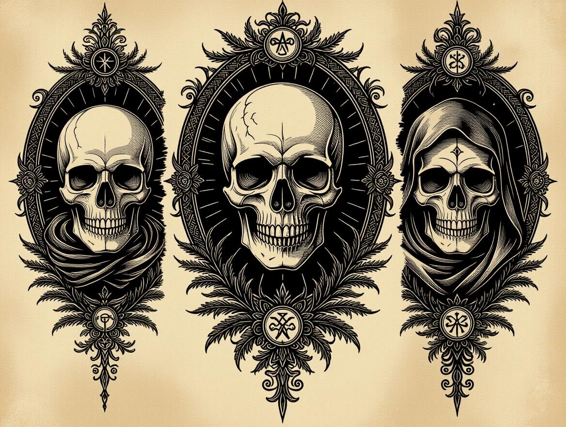 Gothic-style tattoo design sheet is featured. It highlights blackwork skulls grim reapers and baroque frames. Occult runes are displayed on dark parchment. High-contrast ink strokes with stippling are used. Dramatic shadows and cinematic lighting add depth.