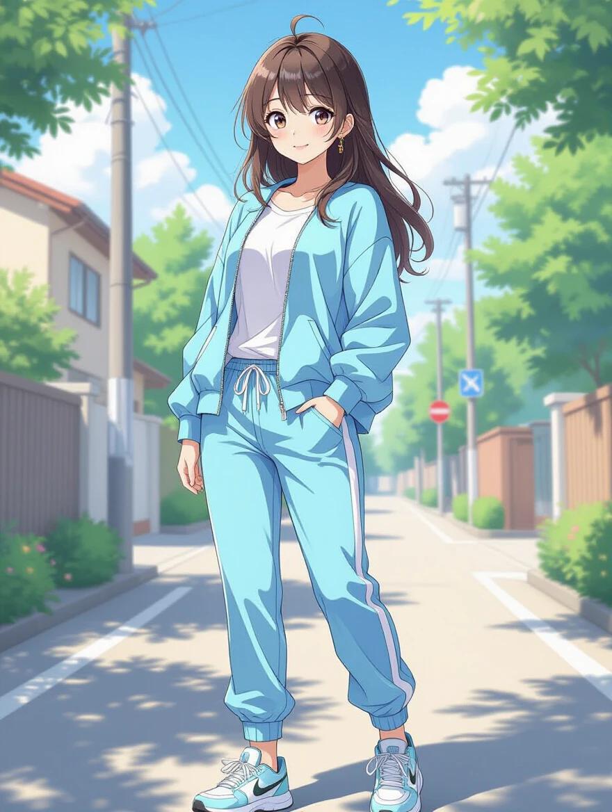 Anime character design of a 17-year-old girl in sky blue school sweatshirt and joggers. She wears white t-shirt underneath. Her outfit includes women's Nike sneakers. Long light brown hair styled down. Background shows a street with greenery.