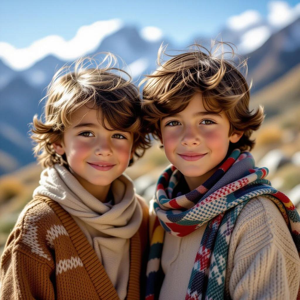 Two twin boys in a natural landscape. Both boys have curly hair and are smiling. They wear cozy clothes. The background features mountains and greenery. Image is hyper-realistic, in high definition, rendered in 8K.
