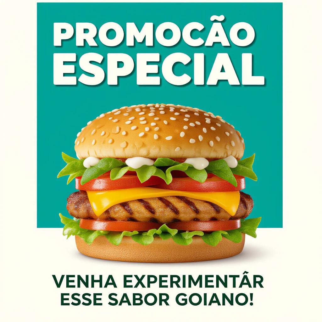 A promotional poster for a hamburger. Top text reads 'Promoção especial'. Bottom text states 'Venha experimentar esse sabor goiano!'.