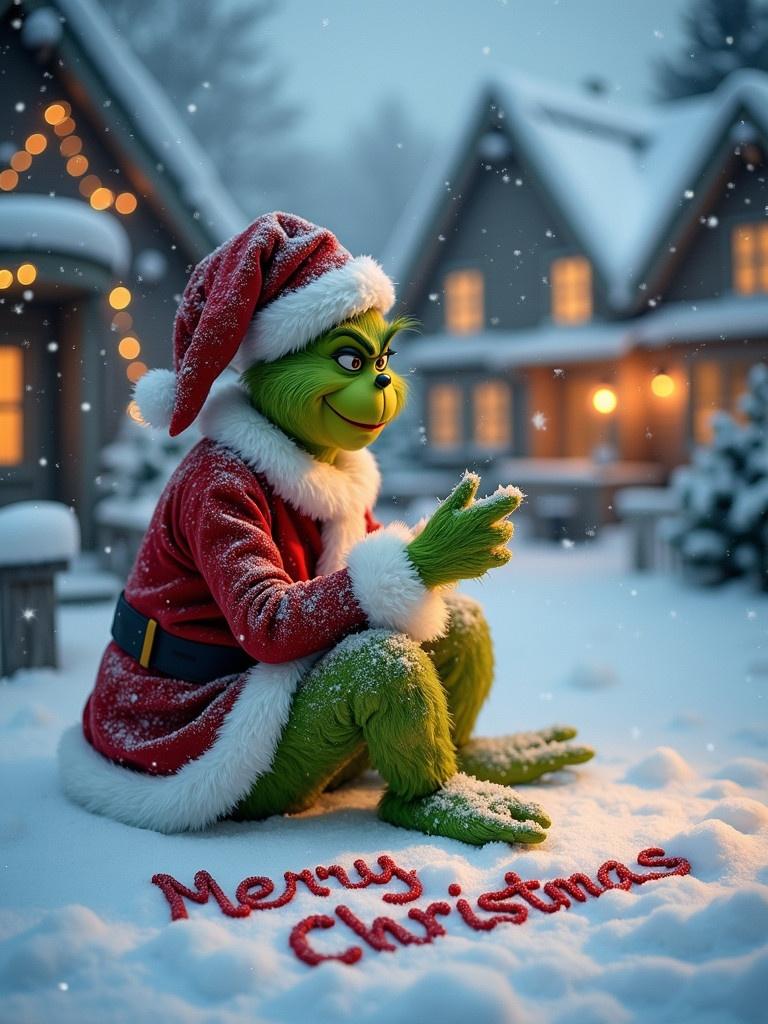 A Grinch in a red and white outfit sits in a snowy landscape. The Grinch writes Merry Christmas in the snow. Snowflakes fall softly around the scene. Cozy cottages with warm lights create a magical atmosphere. This captures the playful spirit of the holiday.