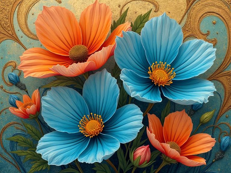 Double exposure of decorative bouquet featuring vibrant blue flowers mixed with coral orange accents. Flowers showcase deep indigo centers fading to light teal tips. Yellow stamen in center. Background features contrasting swirly patterns of gold, orange, teal, and indigo in Art Nouveau style. Detailed green and gold leaves add to floral composition.