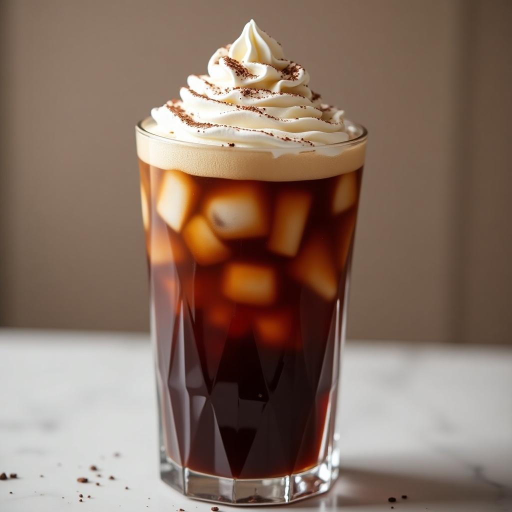 Iced chocolate coffee with fresh cream on top. The drink is served in a clear glass. Ice cubes are visible inside the beverage. The cream is piped on top, with a dusting of cocoa powder.