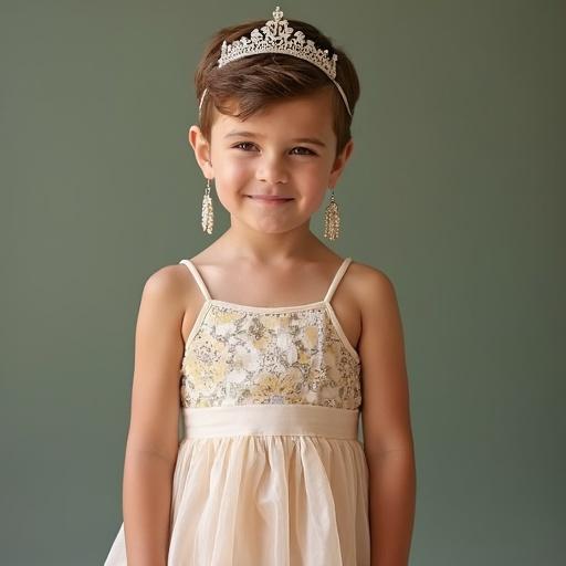 A cute little ten year old boy wears a short sun dress. The boy wears dangling earrings and a shiny tiara. Background is filled with colorful flowers. The focus is on the boy's outfit and accessories.