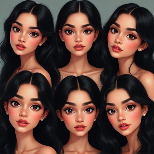 Generate an image of several realistic teenage girls of South Asian descent with almond-shaped dark brown eyes black hair warm brown skin full red lips and arched thick and well-groomed eyebrows