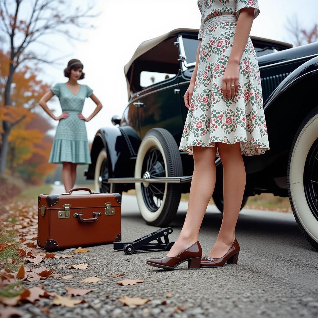 Roadside car breakdown in 1928. Ford Model A shown in side view from right angle. A woman's legs visible from the hips down, bent at 45 degrees with vintage leather shoes on the ground. Another woman wearing a flapper dress stands beside the car looking at the legs with hands on hips. Low-angle shot captured at eye level of the car wheel. Visible details include a car jack near the wheel, dirt road, autumn leaves, and a vintage suitcase on the roadside.
