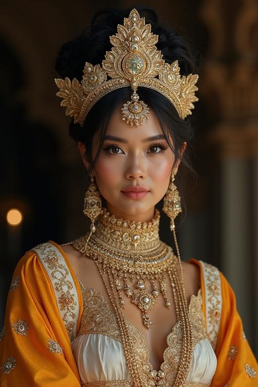 The kingdom of Mayariya known for handsome gods and beautiful goddesses. Ruled by the deity and his queen named Mayarala. Queen adorned in intricate gold jewelry and vibrant dress. Emphasis on cultural richness and elegance.