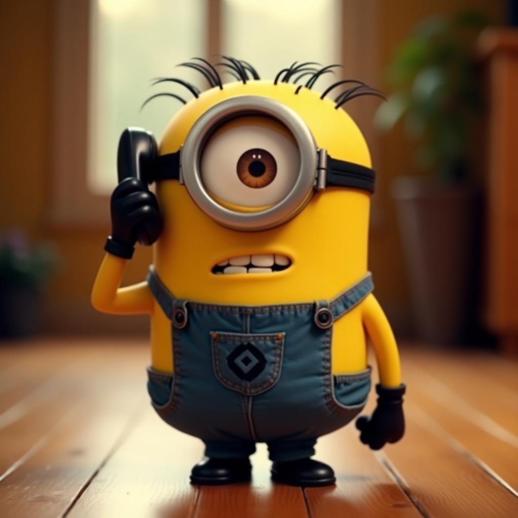 A cheerful single-eyed yellow minion in a dark jumpsuit stands on wooden flooring. The minion holds a black phone to its ear with a mischievous smile. Warm lighting enhances the playfulness and humor of the scene.