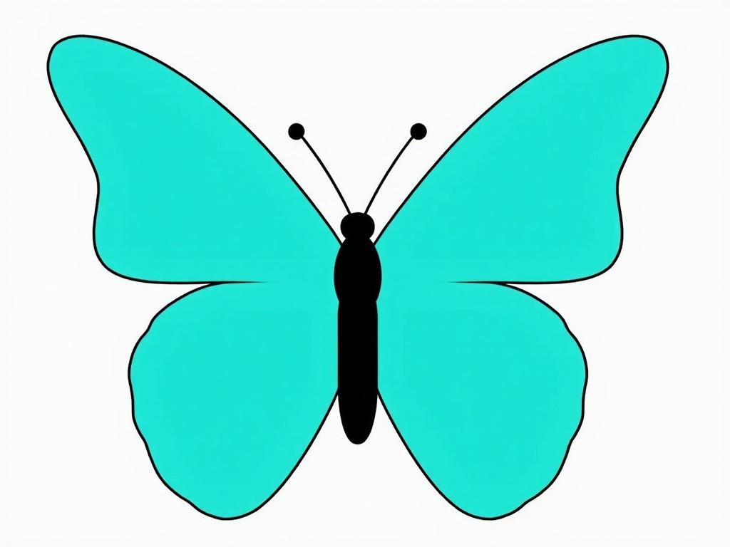 This image shows a butterfly with vibrant turquoise wings. The wings are symmetrical and have a smooth texture, outlined in black for contrast. The butterfly's body is black and slender. The background is plain, which highlights the bright color of the butterfly's wings. This image captures the delicate beauty and simplicity of a butterfly.