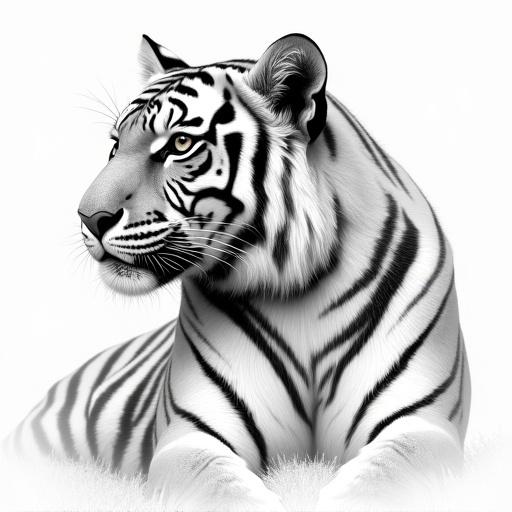 Realistic illustration of a white tiger in side view. The tiger shows prominent black stripes against a white fur coat. The gaze is intense and focused. The background is minimalist to emphasize the tiger's features.