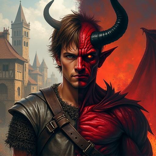 Character design of a split-personality character in fantasy. Left half is a rugged medieval warrior in chainmail. Right half features a red-skinned demon cambion with horns and wings. Background shows medieval town and fiery hellscape. Vertical split, painterly textures, bold colors.