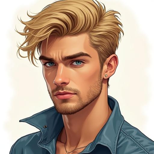 Illustrated semi-realistic drawing of a young German man with blond hair and blue eyes. He has a sinister expression and light stubble. He wears an open jacket.