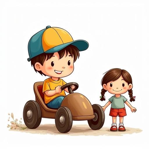 Children’s drawing style illustration with transparent background. A little boy in colorful baseball cap in a handmade soapbox kart. Little girl with pigtails stands next to him holding a floppy ragdoll. Use dark brown outlines with 5px thickness. Simple shapes, flat colors. Transparent background, no sketchy lines.