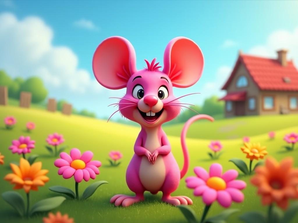 The image features a cute pink mouse standing in a sunny field filled with colorful flowers. The mouse has large, expressive ears and a big smile, conveying a sense of happiness. In the background, there is a quaint little house with a red roof. The scene is vibrant with a blue sky and fluffy clouds, suggesting a cheerful atmosphere. This character could be used in various children's media or educational content.