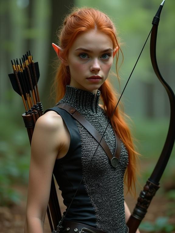 Photorealistic depiction of a pretty elf girl. Long auburn ponytail. Smooth sunkissed skin and vibrant blue eyes. Athletic body with a focused expression. Wearing a sleeveless leotard made of black leather and shiny silver chainmail. Standing in a deep forest clearing. Bow and arrow in hands. Quiver filled with arrows on back. Zoomed out full body shot.