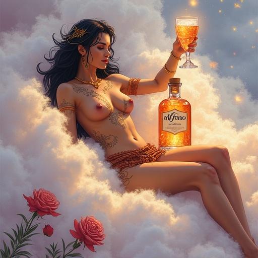 Tribal goddess reclining on clouds. Holding a glass of shimmering elixir. Next to apothecary bottle labeled 'ALFRUNO'. Bottle radiates golden-red light. Surrounded by roses and rosemary. Clouds are violet and gold. Soft watercolor style.