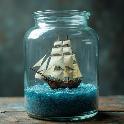 Ship model placed inside a glass jar. Sand-like blue material at the bottom. Soft focus background. Straight-on perspective