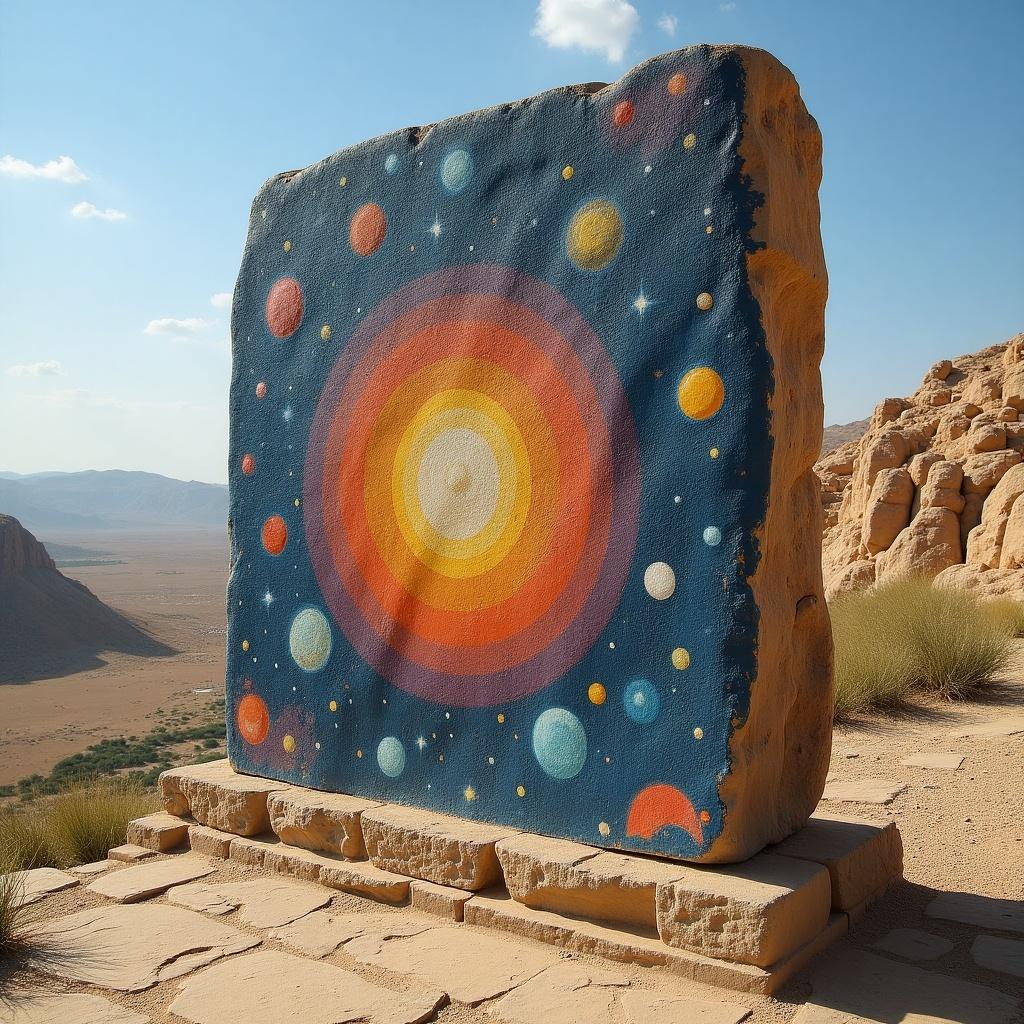 A large standing stone about 8 feet high features vibrant cosmic illustrations. It is located in a desert area. The site is believed to be where a prophet banished an evil spirit. The stone is a place for prayer and reflection.