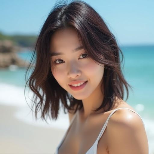 Young woman at a beach displaying natural beauty in casual attire. Realistic portrait capturing sunlit surroundings and soft focus on her expression.