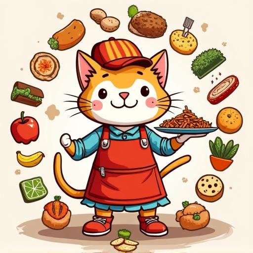 Smiling kitty in colorful fast food hat and apron serving a tray of food surrounded by vibrant mandala of food items and cat toys in hand-drawn style.