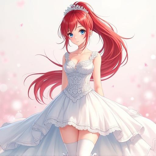 Anime illustration featuring a woman in a wedding dress. Character has red hair styled in a long ponytail, blue eyes, and wears white stockings and gloves. Setting is dreamy and romantic with a soft background.