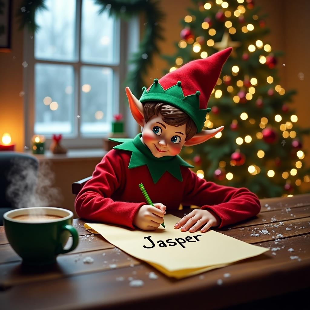 Elf seated at a table writing the name Jasper. Christmas tree in the background. Hot cocoa nearby. Paper on the table. Cozy holiday atmosphere.