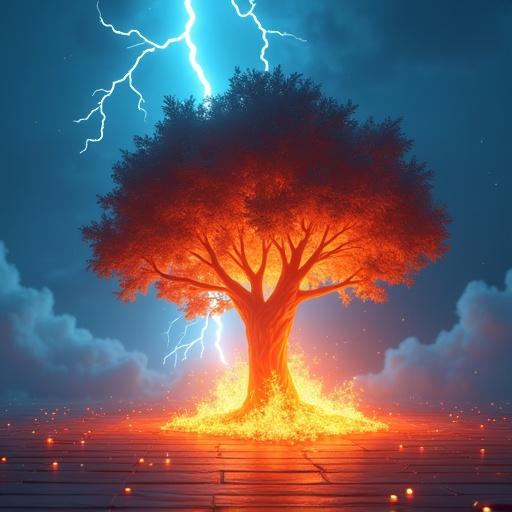 Thunderbolt strikes the ground. Tree burning with fire. Blue and orange sky. 3D cartoon style. High resolution.