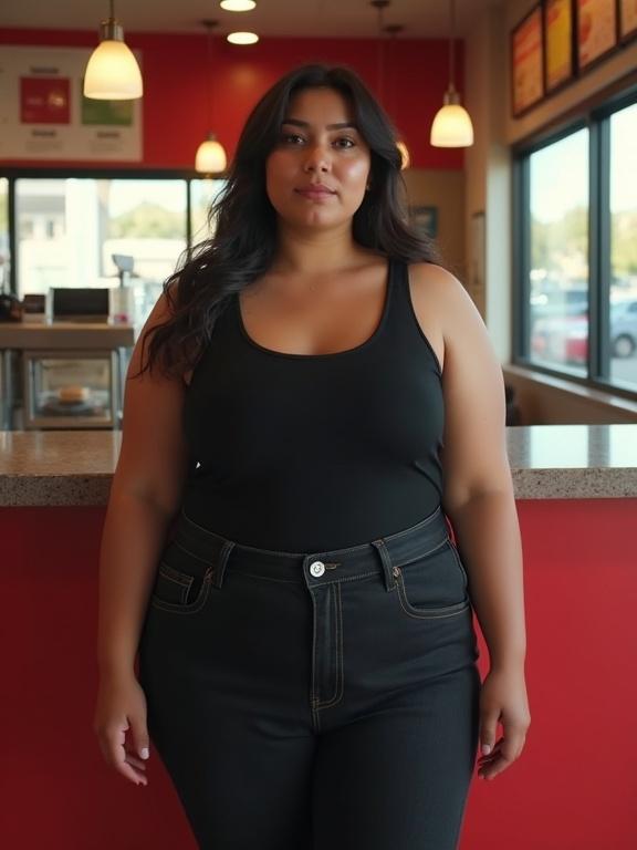 Portrait of a beautiful plus size Latina woman standing in a fast food restaurant. She wears a black tank top and black jeans. The setting depicts a casual dining environment with red walls and soft lighting.