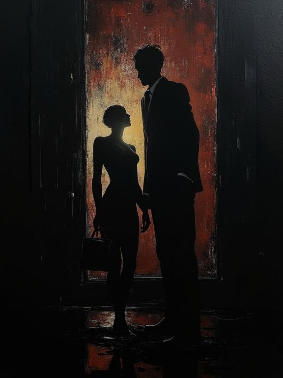 Digital oil painting features dynamic silhouettes of a couple. Colors are flat with a black background. Harsh paint strokes create an unfinished look. Minimalist style highlights repeating shapes resembling film negatives. Shadows blend with cubist edges.
