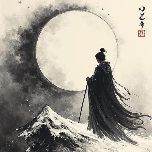 Japanese folklore tale depicted in sumi style. Kaguya-hime returning to the moon. Figure in traditional attire with a staff. Large moon background with contrasting dark mountains.