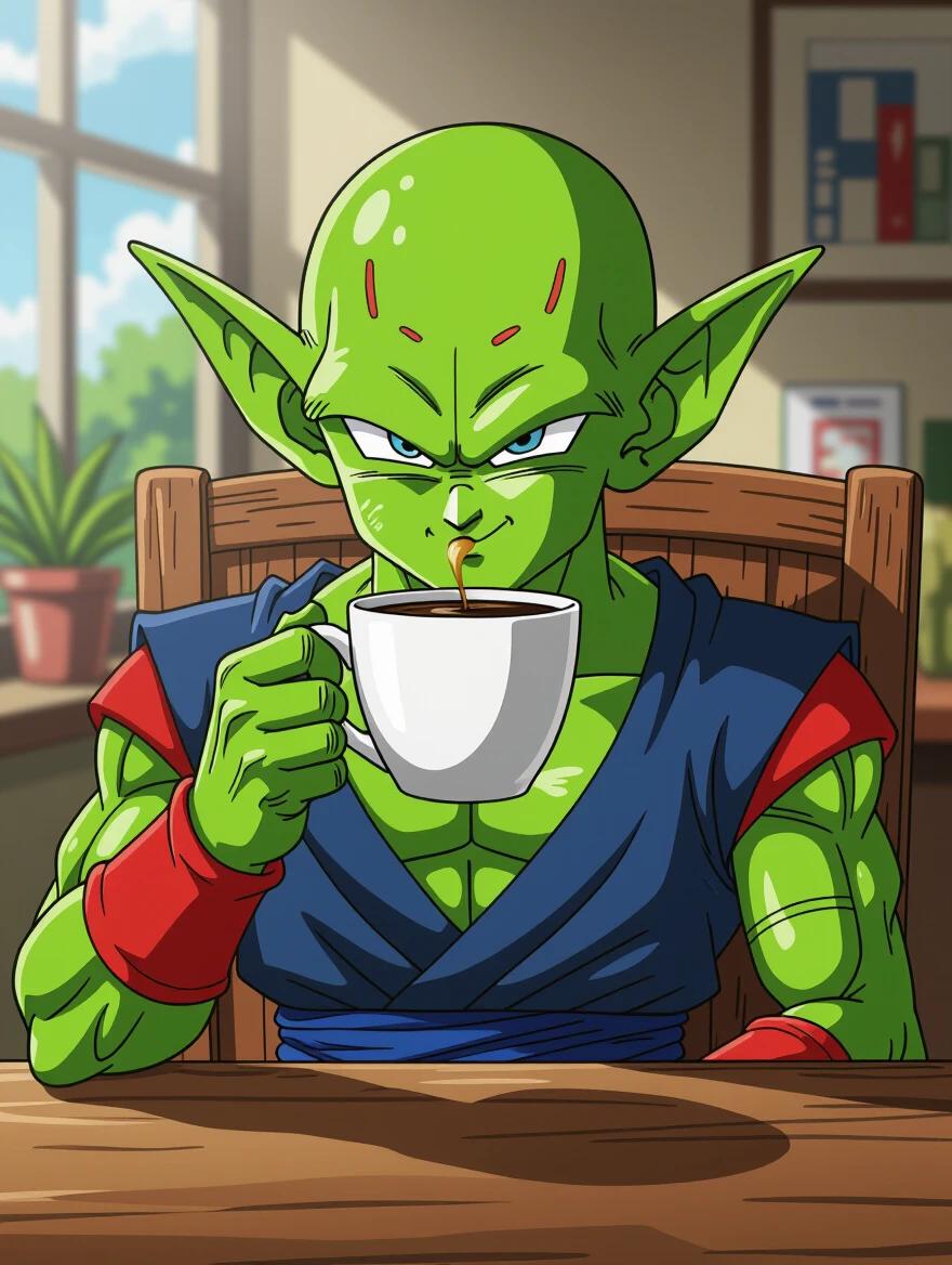 Piccolo character from Dragon Ball Z is seated at a table. Holding a white cup while drinking coffee. Bright lighting from a window. Relaxed atmosphere.