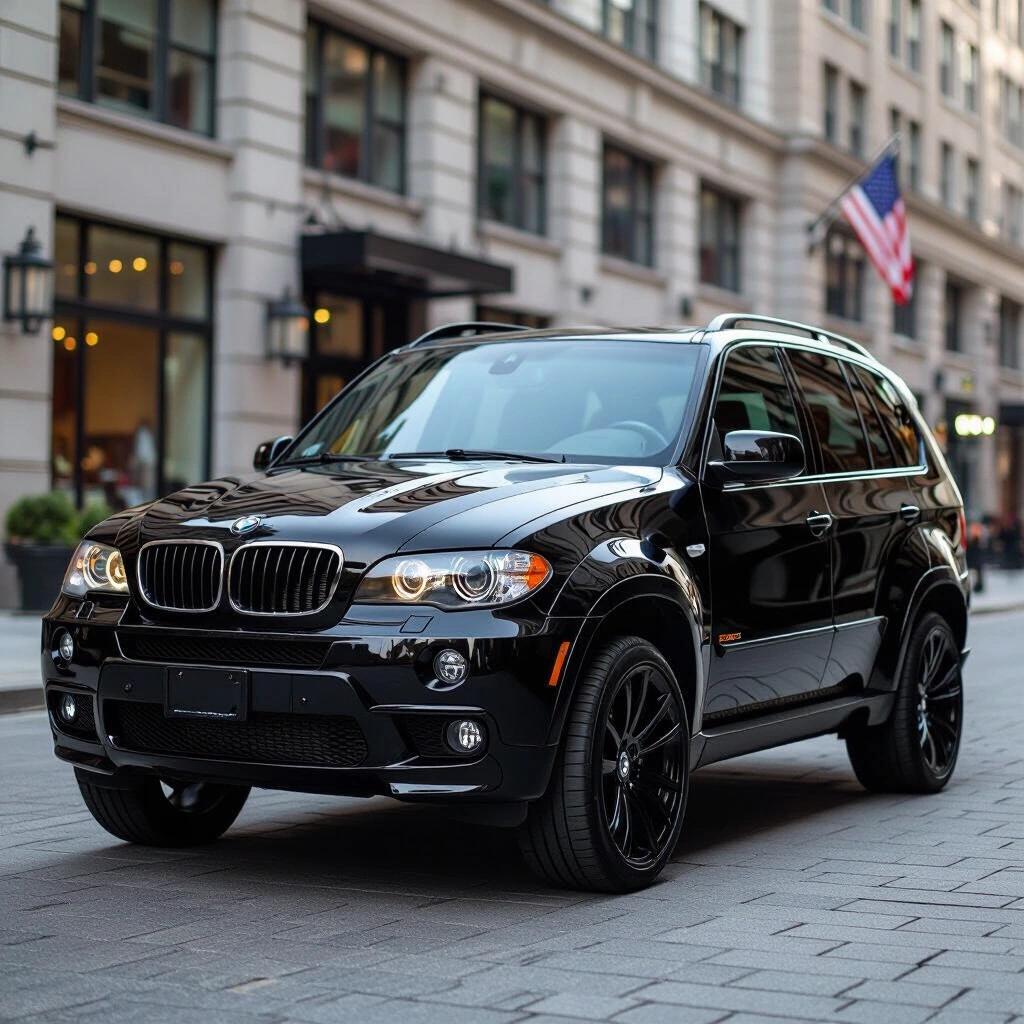 Black 2003 E53 BMW X5 parked on city street with buildings and American flag in background.