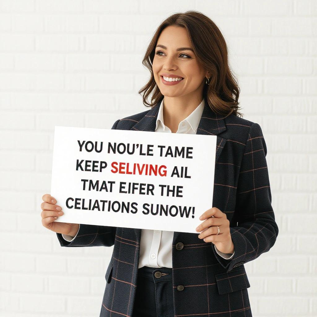 Professional woman holds a large sign with a motivational message on a bright background. The woman wears a black blazer over a white shirt and stands confidently. Text on the sign encourages perseverance and positivity.