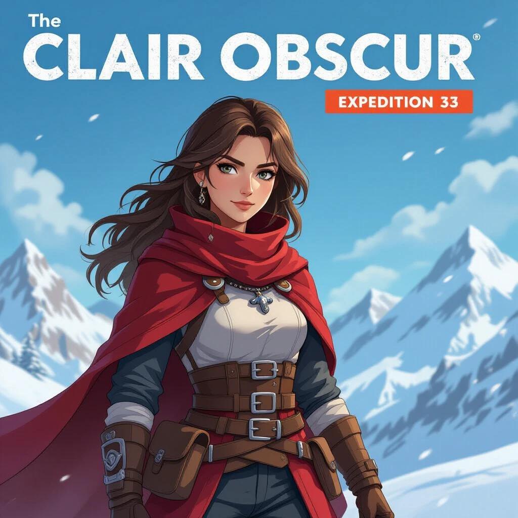 Fan art of Clair Obscur, Expedition 33 game featuring a character with long hair wearing a red scarf against a snowy mountain backdrop. The style is vibrant and detailed.