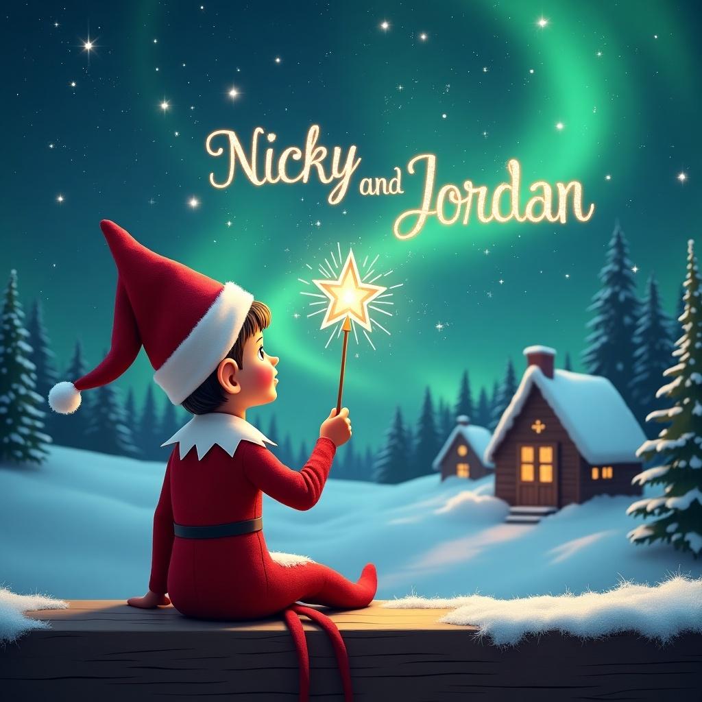 An elf sits quietly on a wooden ledge, gazing at a spectacular night sky filled with stars. Dressed in a bright red outfit and a pointed hat, the elf holds a shining wand. With a flick of the wand, the elf creates the names 'Nicky' and 'Jordan' in the celestial array above. The surrounding landscape is blanketed in snow, featuring charming little houses and tall evergreen trees. The enchanting glow of the Northern Lights paints a magical backdrop, embodying the spirit of Christmas. This scene evokes the joy and wonder of childhood during the holiday season.