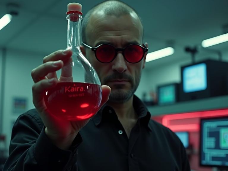 A bald man in a tight black and red spacesuit. Round red-tinted glasses. Holding a large flask with black liquid. Label says 'Kaïra 01'. Close-up on his hand and thoughtful face. Laboratory filled with technology in the background. Surveillance cameras in each corner. Ultra-realistic style with organic horror and retro-futuristic elements.