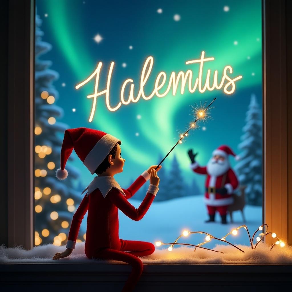 The image features a cheerful elf on the shelf, sitting on a window ledge with his back to the viewer. He is gazing up at the night sky, where he is using a magic wand to write elegant names. The backdrop is a magical Christmas scene adorned with the vibrant colors of the northern lights. Santa Claus can be seen in the background, adding to the festive atmosphere. The setting is warmly lit with decorative lights, creating a cozy holiday vibe. This enchanting moment captures the essence of Christmas magic and joy.