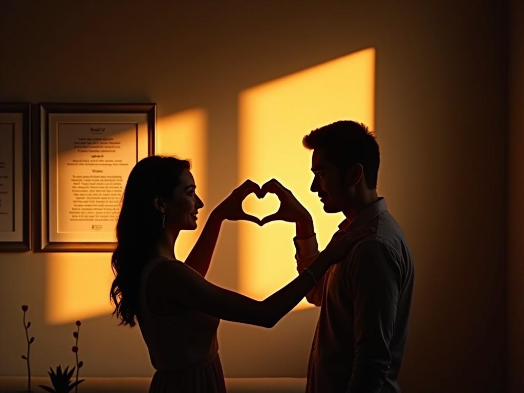 The image depicts a couple silhouetted against a warm golden light, their hands forming a heart shape. The scene creates a romantic and intimate atmosphere. The lighting casts beautiful shadows, highlighting their profiles. This moment captures the essence of love and connection. The background features framed documents, suggesting a home setting. Overall, it conveys deep emotional significance and joy.