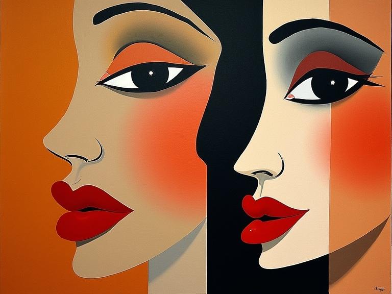 Geometric abstraction featuring stylized lips and a profile silhouette. Title of the artwork is 'Labia forte'.