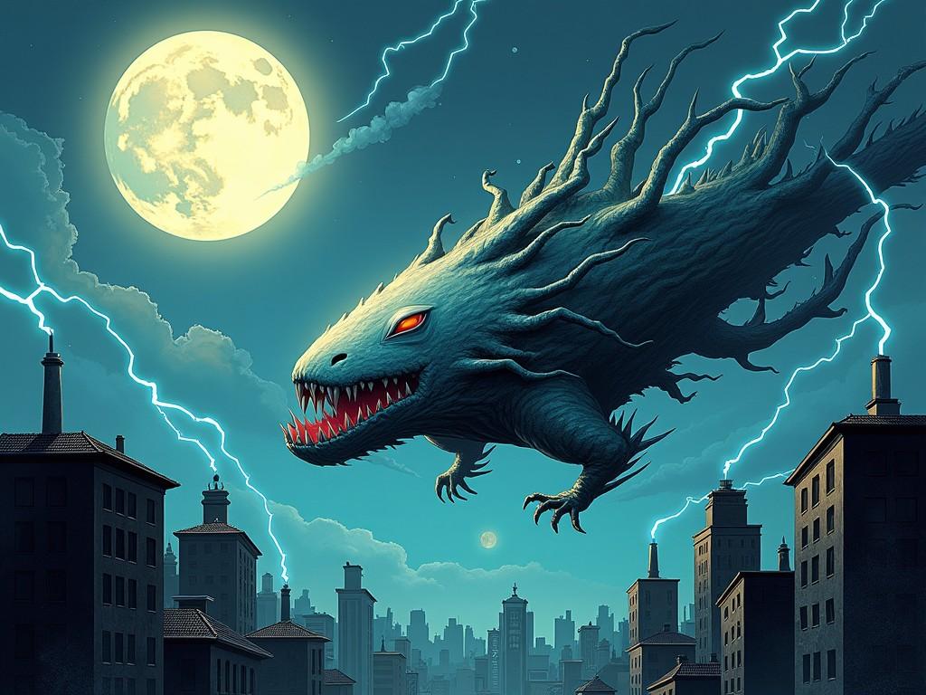 A dragon-like creature looms over a cityscape during a thunderstorm. The creature has a flowing, ethereal body with menacing eyes and sharp teeth. A full moon casts a bright glow on the scene, making the clouds and lightning bolts more vivid. The buildings below are silhouetted against the dramatic sky. This illustration captures the essence of urban fantasy and mythological terror.