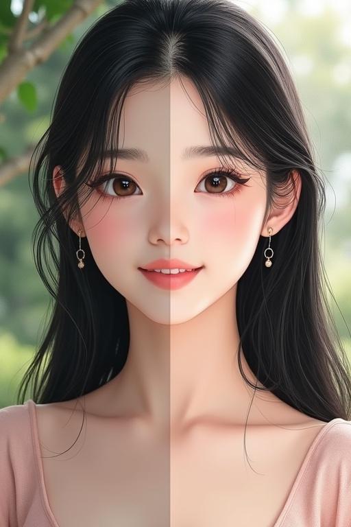 A split image of a fictional young East Asian woman aged 20-25. The left side features a hyper-realistic digital portrait with clear skin and long black hair. She smiles gently wearing a pastel dress. The right side shows a detailed black-and-white pencil sketch of the same woman. Both sides match in facial features and expression. Background has textures enhancing the sketch. The image is high-resolution and digitally created.