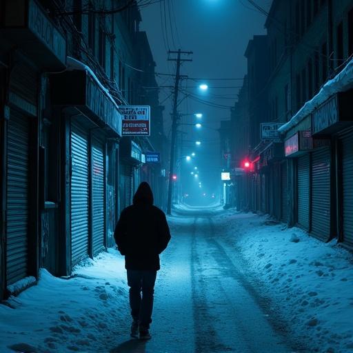 Urban winter scene at night. Empty city streets covered with snow. Cold blue lighting casts shadows on shuttered shops. A solitary figure walks past graffiti on walls. Breath visible in the air. Distant red sirens hint at danger. Weary and determined expression on the figure's face. Setting feels tense and restless with no comfort.
