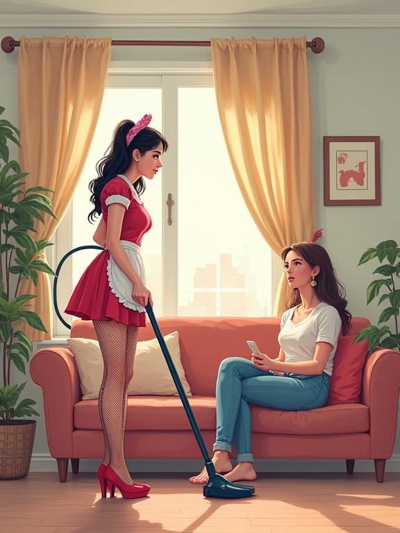 Comic strip image featuring a maid and her roommate in an apartment. The maid is vacuuming while wearing a maid uniform with fishnets and high heels. The roommate is casually dressed on the couch with her phone, suggesting a playful bet.