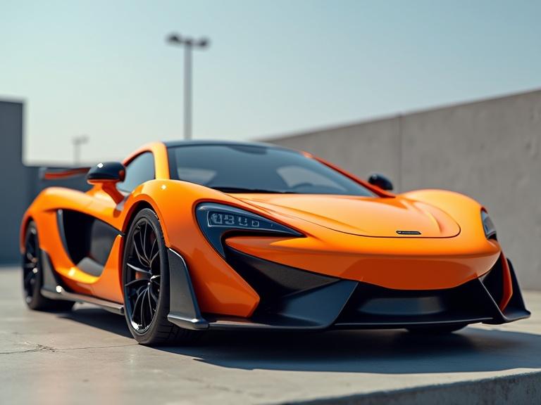 Modern orange McLaren sport car designed in Minecraft style. Low angle view shows the car's sleek features.