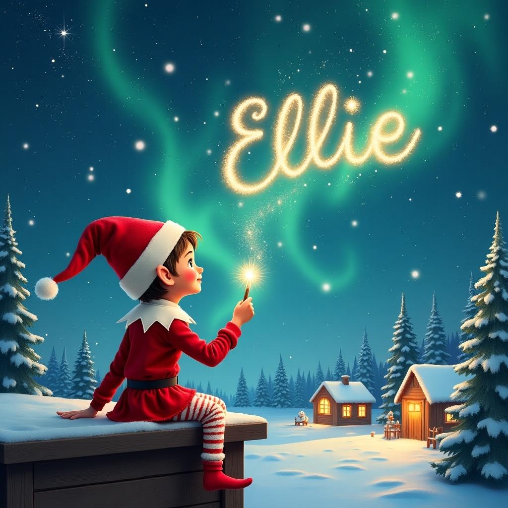 An elf sits on a wooden ledge with its back to the camera, gazing at a magical sky. Dressed in a red outfit with a pointed hat, the elf holds a sparkling wand. With the wand, the elf writes the name 'Ellie' in the starry sky. The scene is painted with a snowy landscape, charming little houses, and evergreen trees under shimmering Northern Lights. This whimsical depiction captures the essence of childhood magic and Christmas cheer. The elf elegantly adds the names 'Natasha' and 'Ada' in the same starry sky, enriching the magical atmosphere.