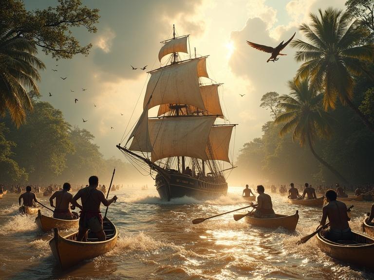Spanish caravel sails through Amazon river. Turbid waters foam at the bow. Sails taut and bulging. Sailors run across deck. Captain shouts orders. Indigenous people in canoes paddle vigorously. Arrows drawn. Water splashes creating whirlpools. Treetops shake. Sun breaks through clouds.
