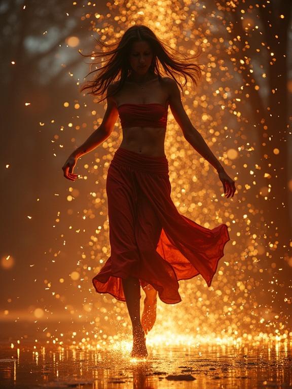 A tanned girl dances through sparks and smoke. Her body moves fluidly, muscles glistening with light reflections. She wears a red outfit, barefoot.