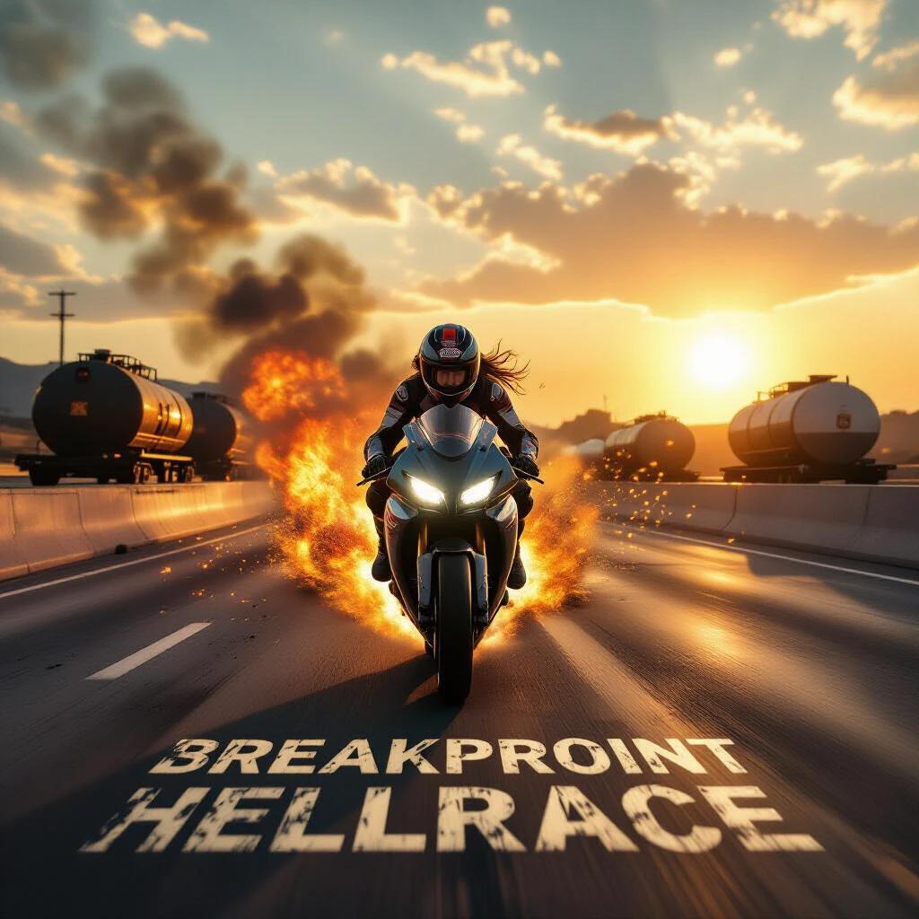 Hailee Steinfeld rides a superbike on a freeway exploding tankers. Flames erupt behind the motorcycle. Golden hour light shines through wreckage. Title is visible in asphalt.