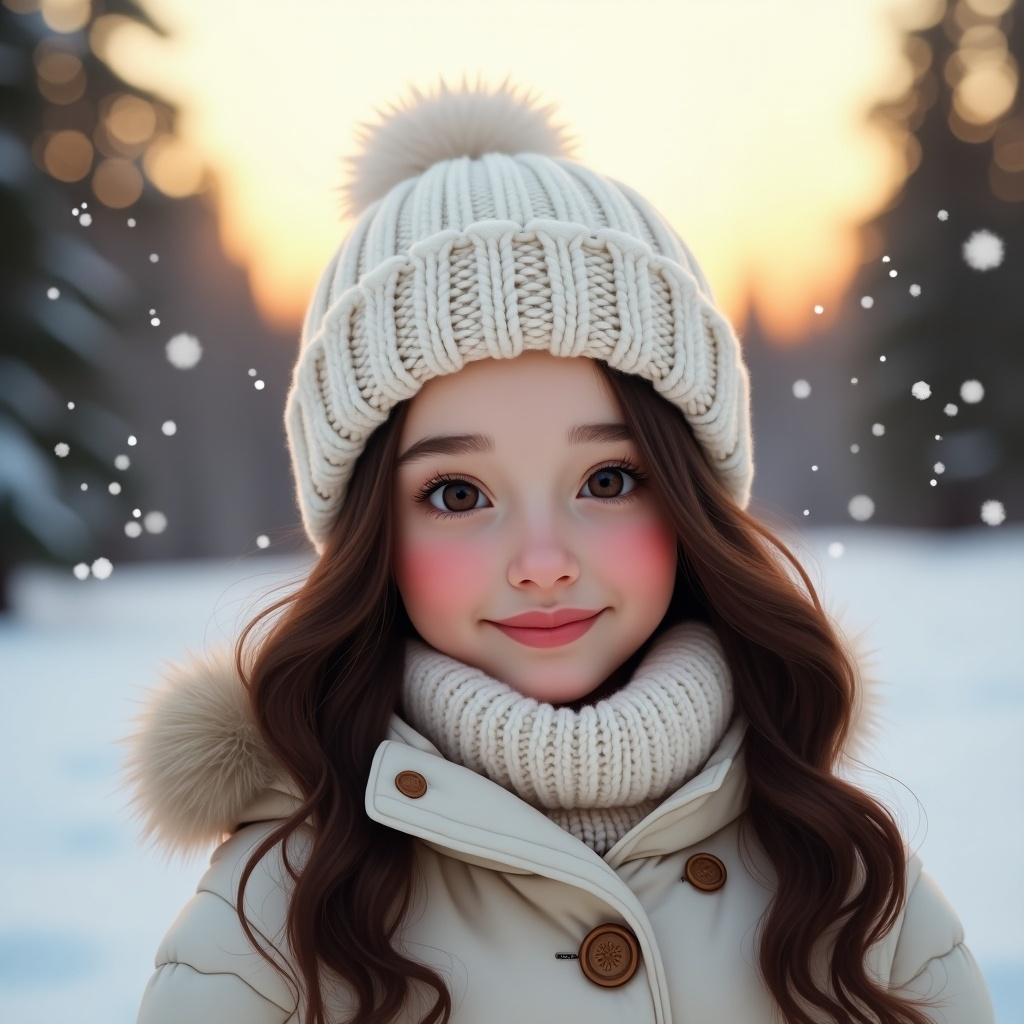 Girl with almond-shaped hazel eyes, small button nose, and rosy full lips. She has long, wavy dark brown hair and wears a cream-colored knit beanie. Cozy white coat and fluffy scarf are noticeable. Snowy landscape with soft snowflakes and pine trees in the distance. Warm golden sunset adds glow.